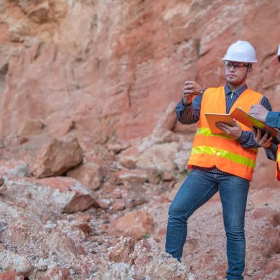 Geologist surveying mine,Explorers collect soil samples to look for minerals.